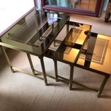 Lot: set of 3 nest of tables in brass and smoked gold glass 1970s