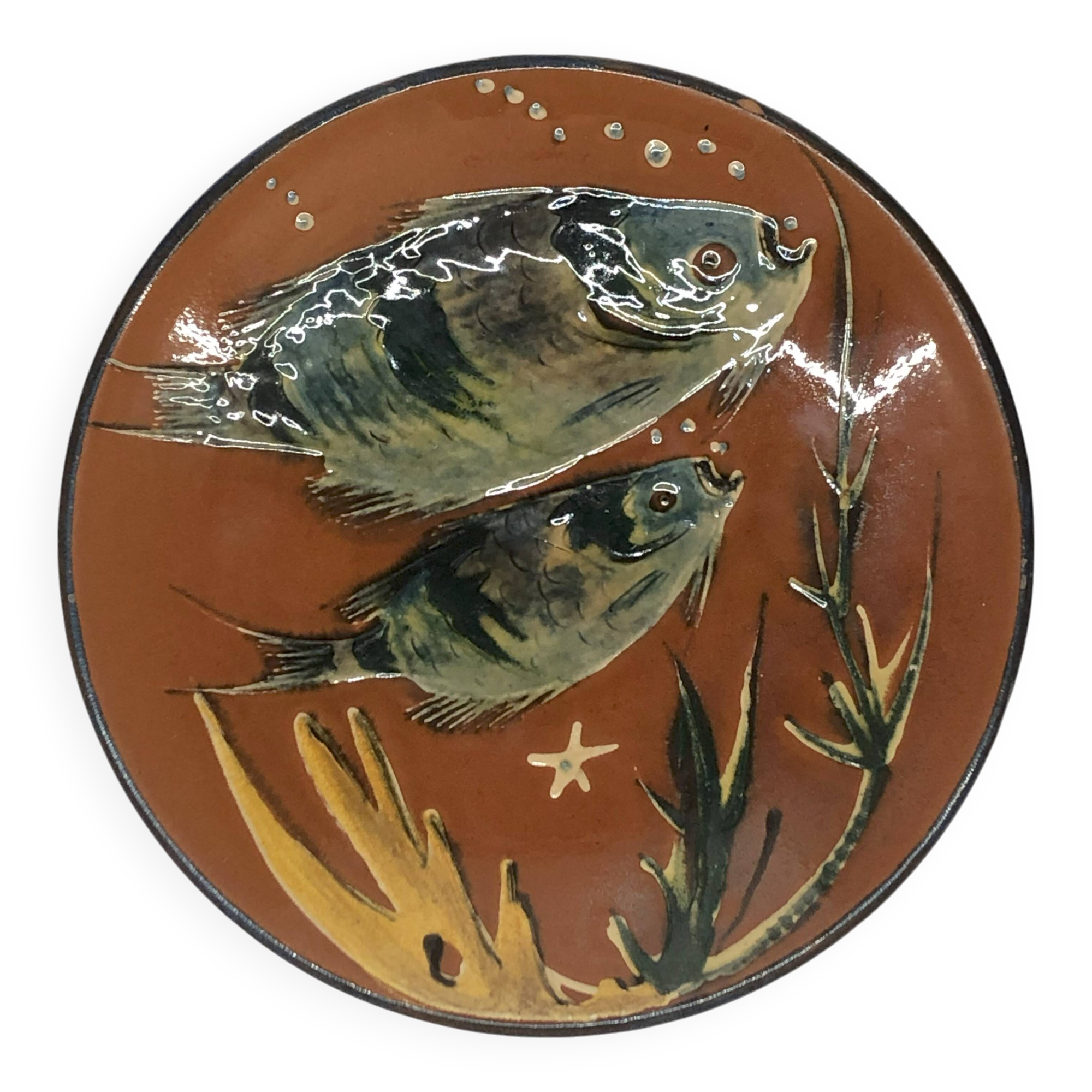 Lluís Puigdemont artisanal dish in enameled ceramic with fish decor