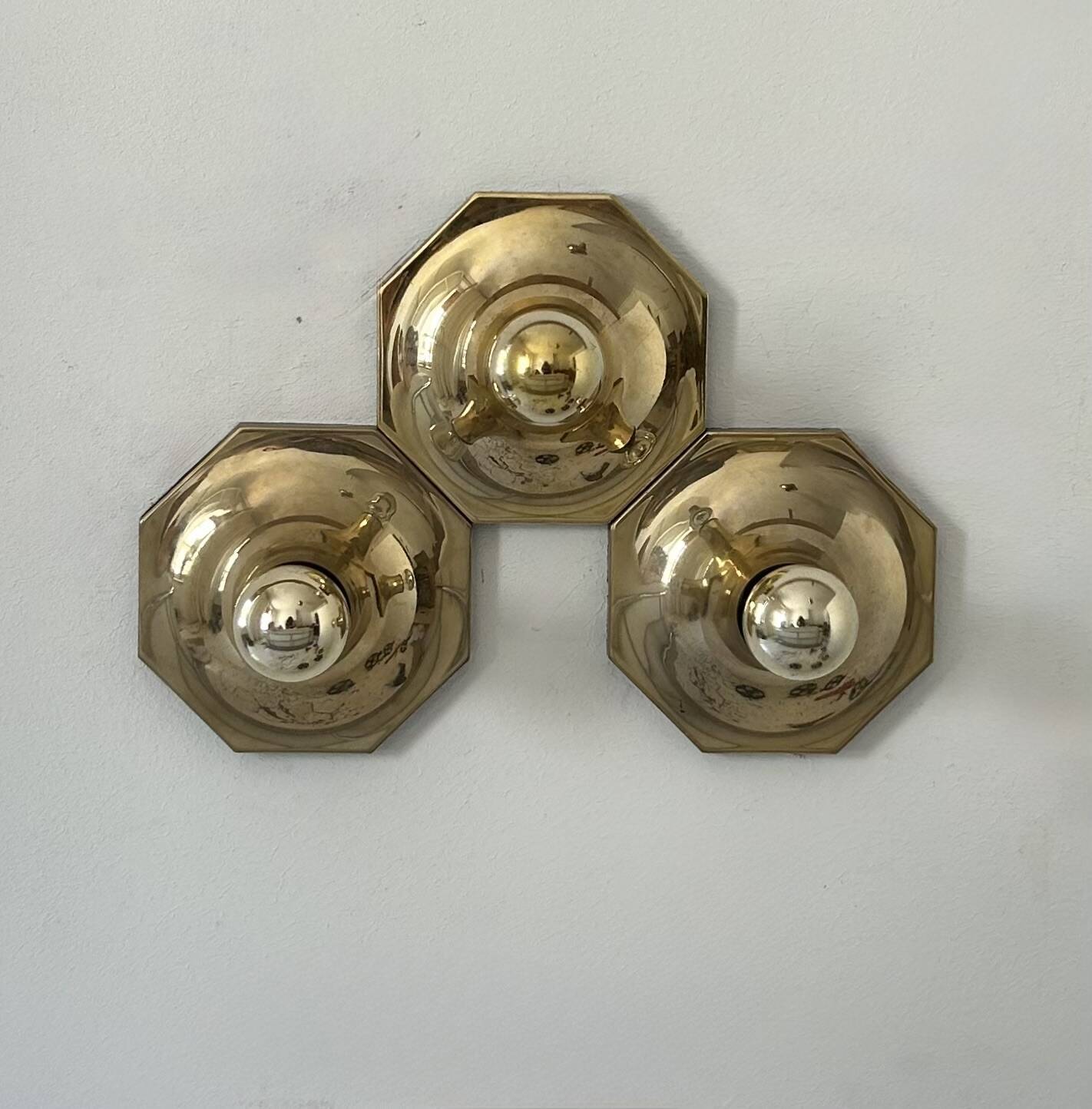 Set of 3 Motoko Ishii wall lights for staff leuchten, Brass, 1970