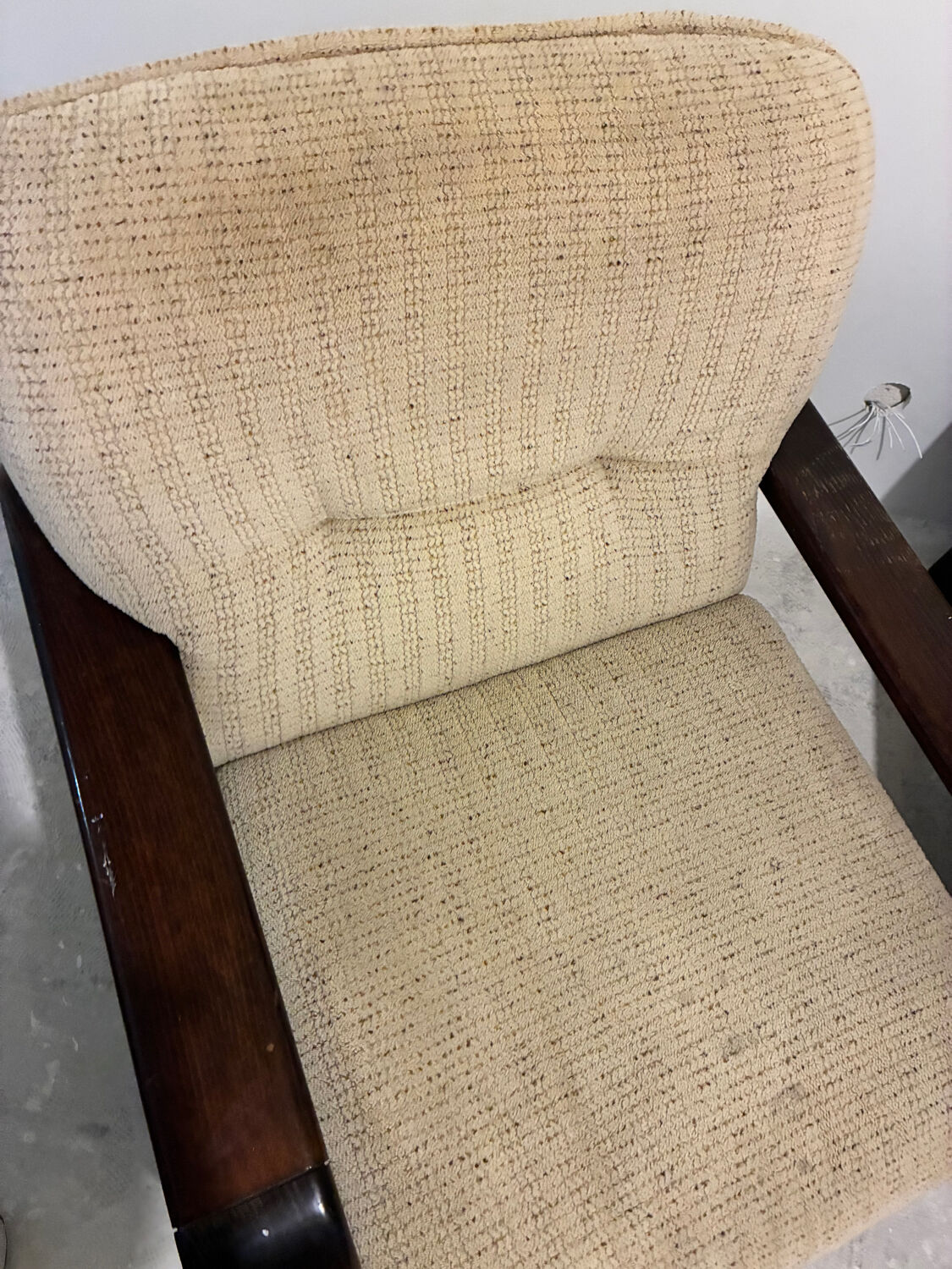 Pair of vintage beech and fabric armchairs, France, 1970s