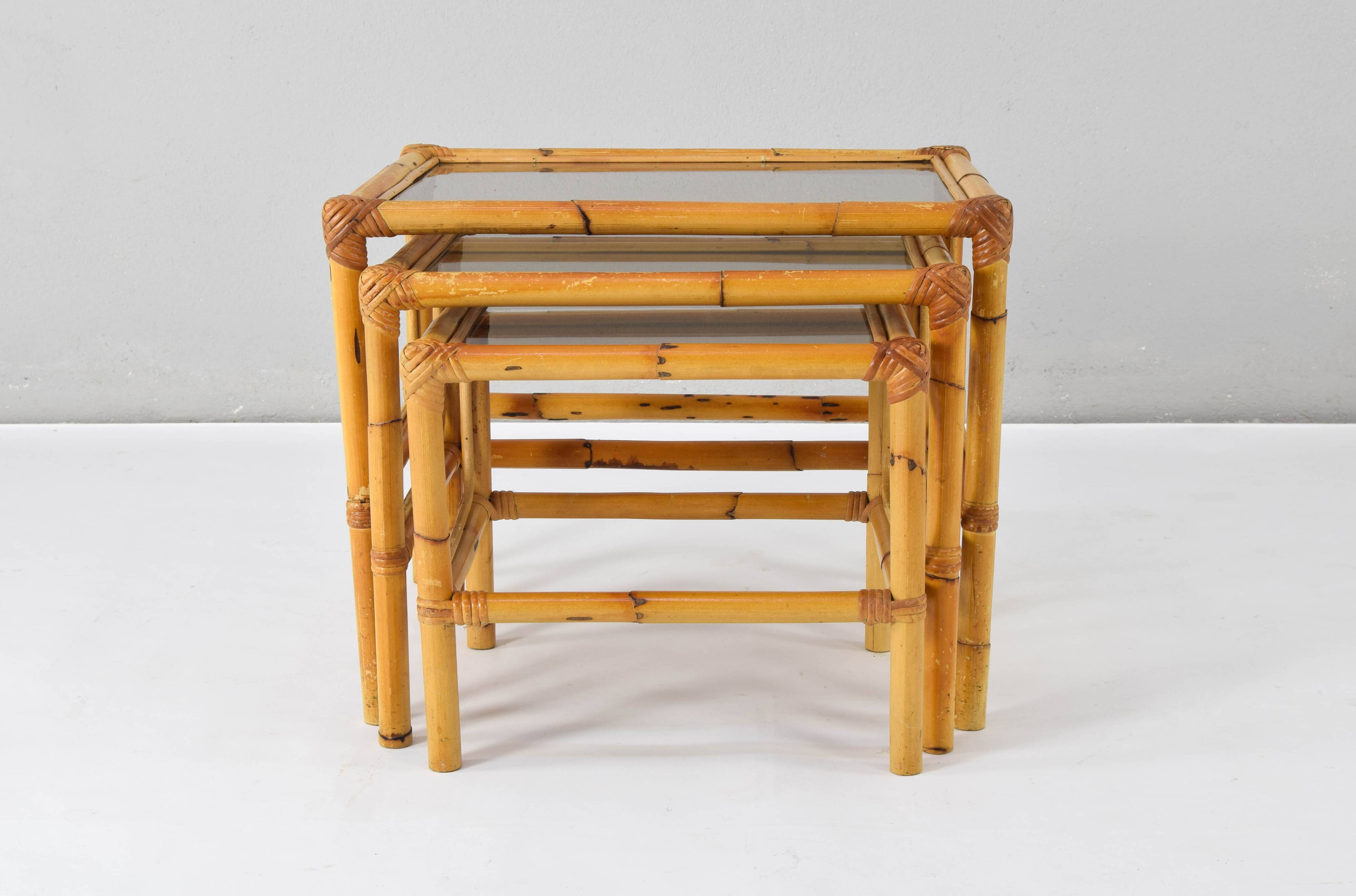 Set of three bamboo and smoked glass nesting tables Spain 70s
