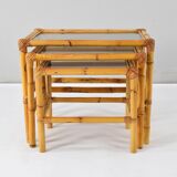 Ensemble de trois tables gigognes en bambou et verre fumé Espagne années 70