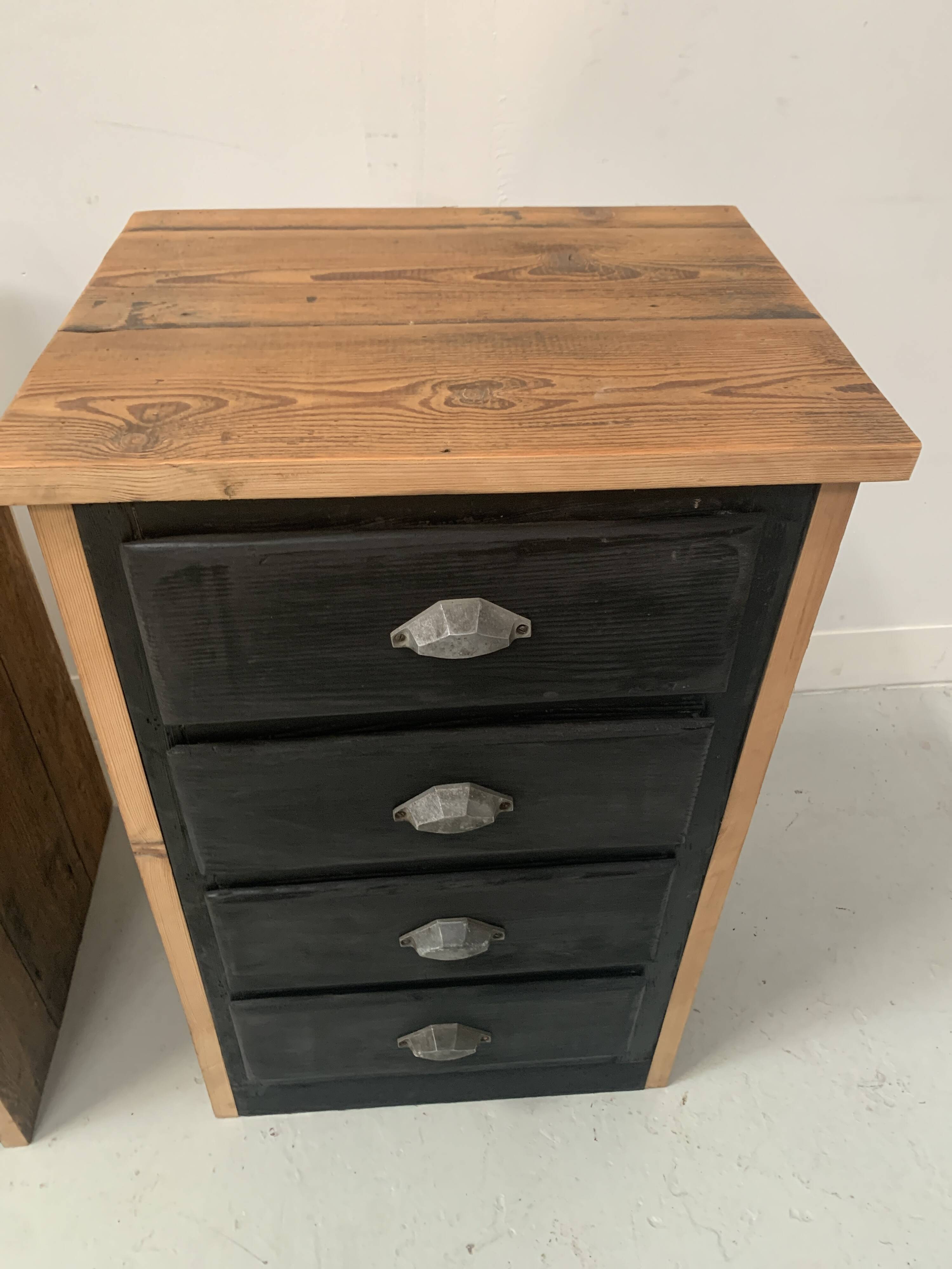 Pair of small brutalist chests of drawers in patinated fir, 20th century.