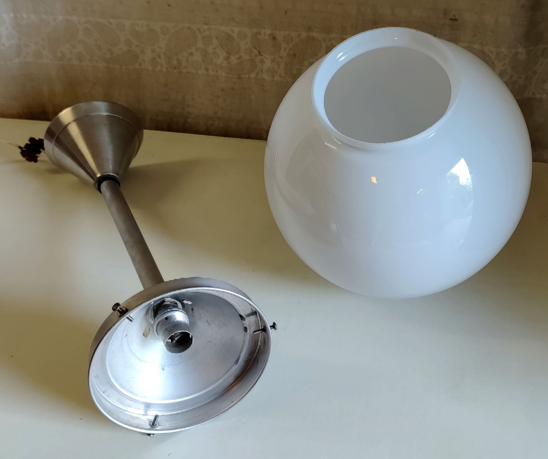 Art Deco aluminium suspension with XL opaline globe - mid 20th century.