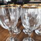 Set of 6 vintage red wine glasses with scrolled drinking rim and gold rim
