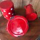 Set kettle coffee maker and milk pot in red-wrapped iron, 50/60 year.