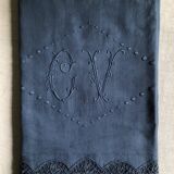 Antique Linen and Cotton Sheet in Navy Blue