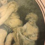 Set composed of two framed fashion engravings and a lithograph reproduction Automne by Watteau