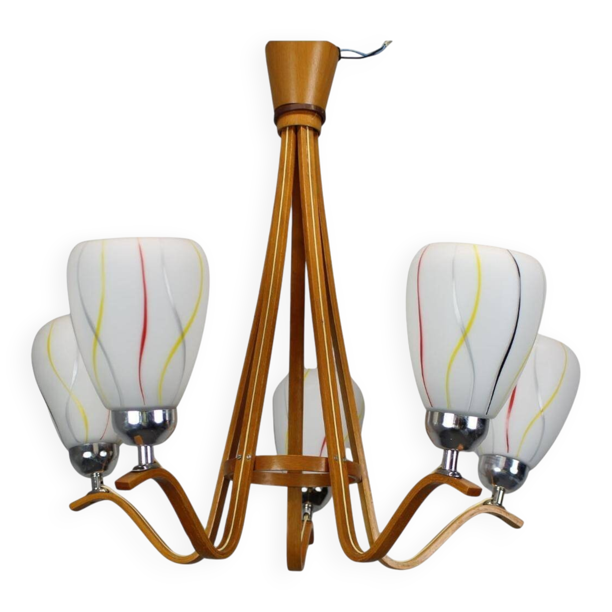Mid-century wooden chandelier with glass shades, Czechoslovakia, 1970s.