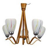Lustre en bois de style mid-century avec abat-jours en verre, Tchécoslovaquie, années 1970