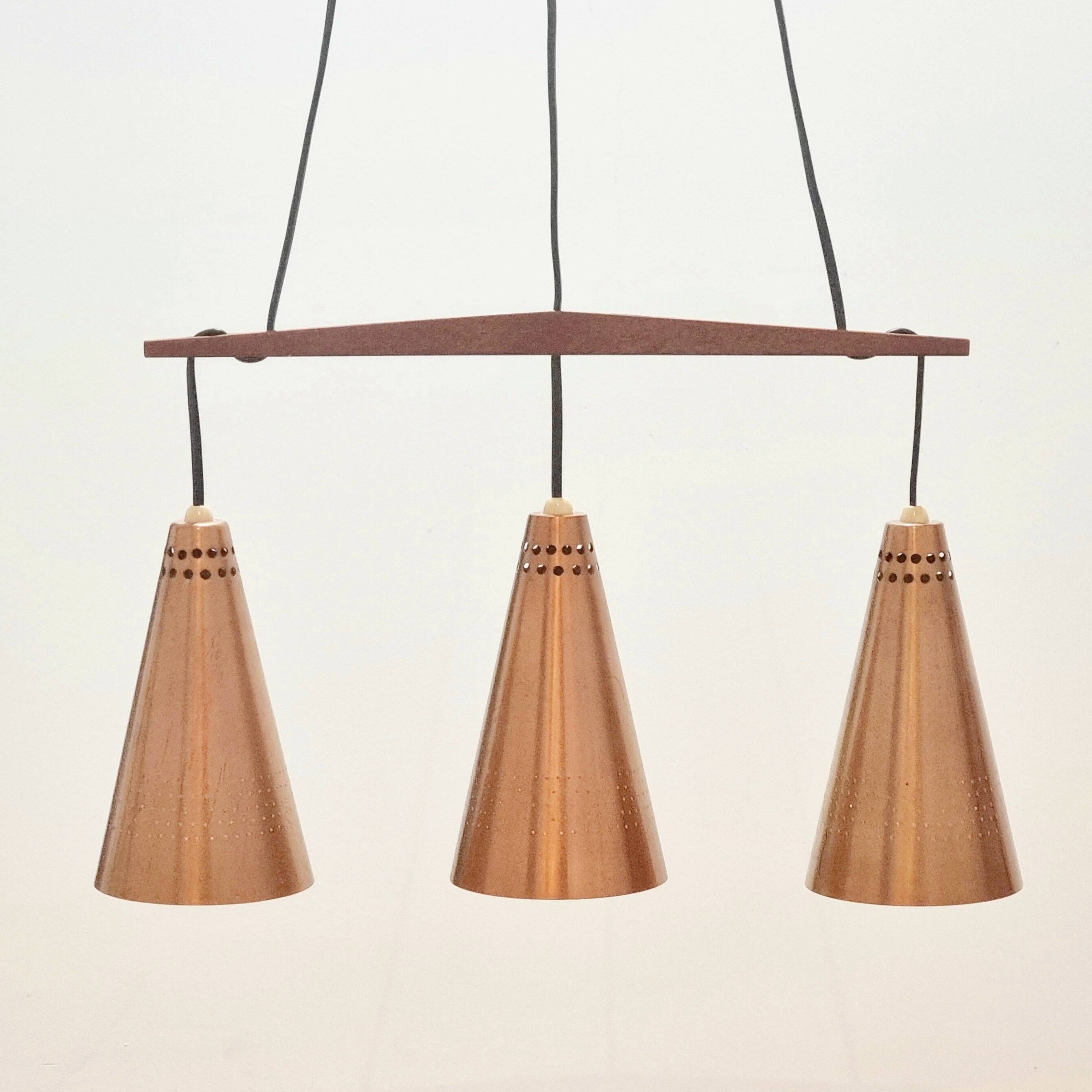 Mid Century Scandinavian Copper & Teak Triple Pendant By Jakobsson, 1950s