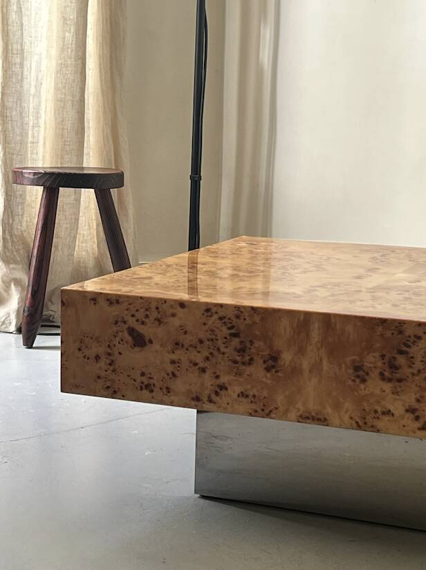 Square designer coffee table in elm burl and chrome, JC Mahey 1970