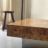 Square designer coffee table in elm burl and chrome, JC Mahey 1970
