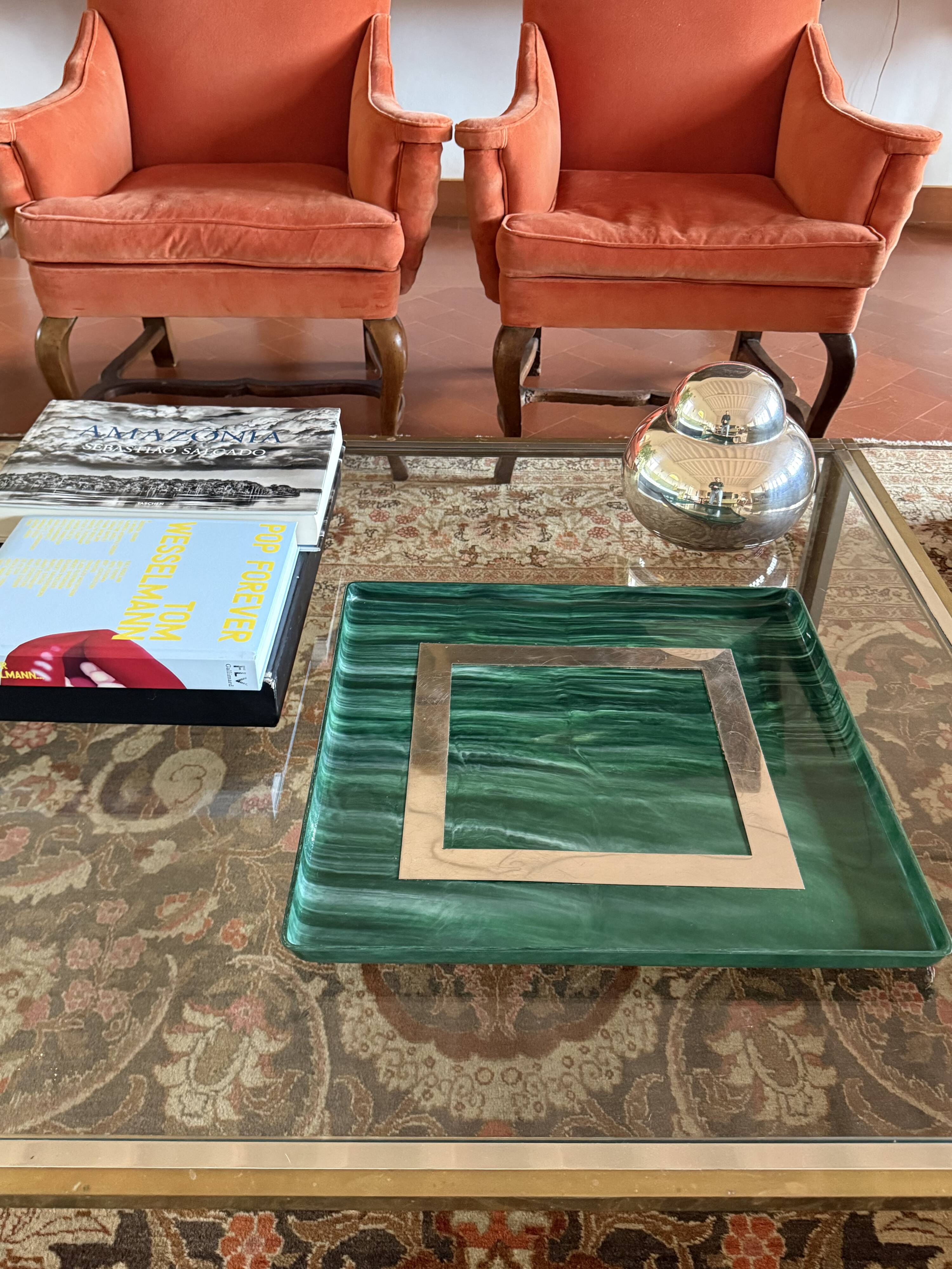 Hollywood regency malachite effect resin & brass tray, Italy 1970s