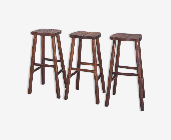Ensemble de 3 tabourets vintage en bois de chêne huilé, France 1960