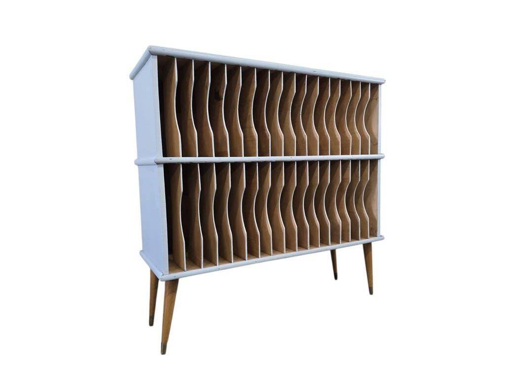 Vintage mint blue wooden display cabinet / storage system for vinyl records
