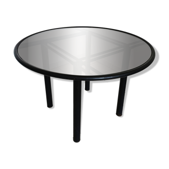 70s designer table signed in metal and smoked glass