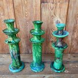 Trio of Tamegroute candlestick holders in enamelled ceramic.