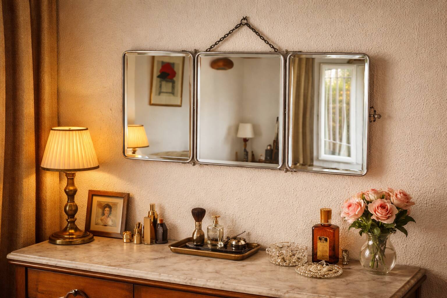Vintage 1940s triptych barber mirror, bevelled chrome, snake imitation - 31 x