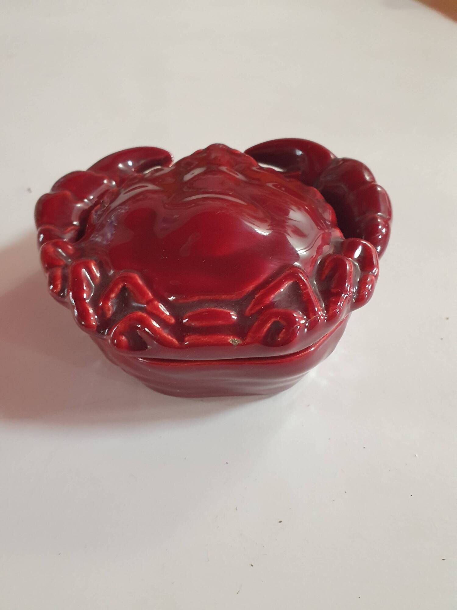 burgundy red slip ceramic box in the shape of a vintage crab
