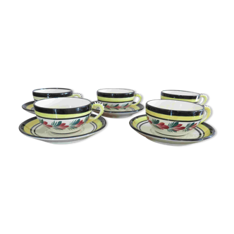 Ensemble de 5 tasses et sous tasses Henriot Quimper années 50 60