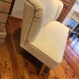 Mid-Century 1950s style two-seater canapé with cream fabric and solid beech.