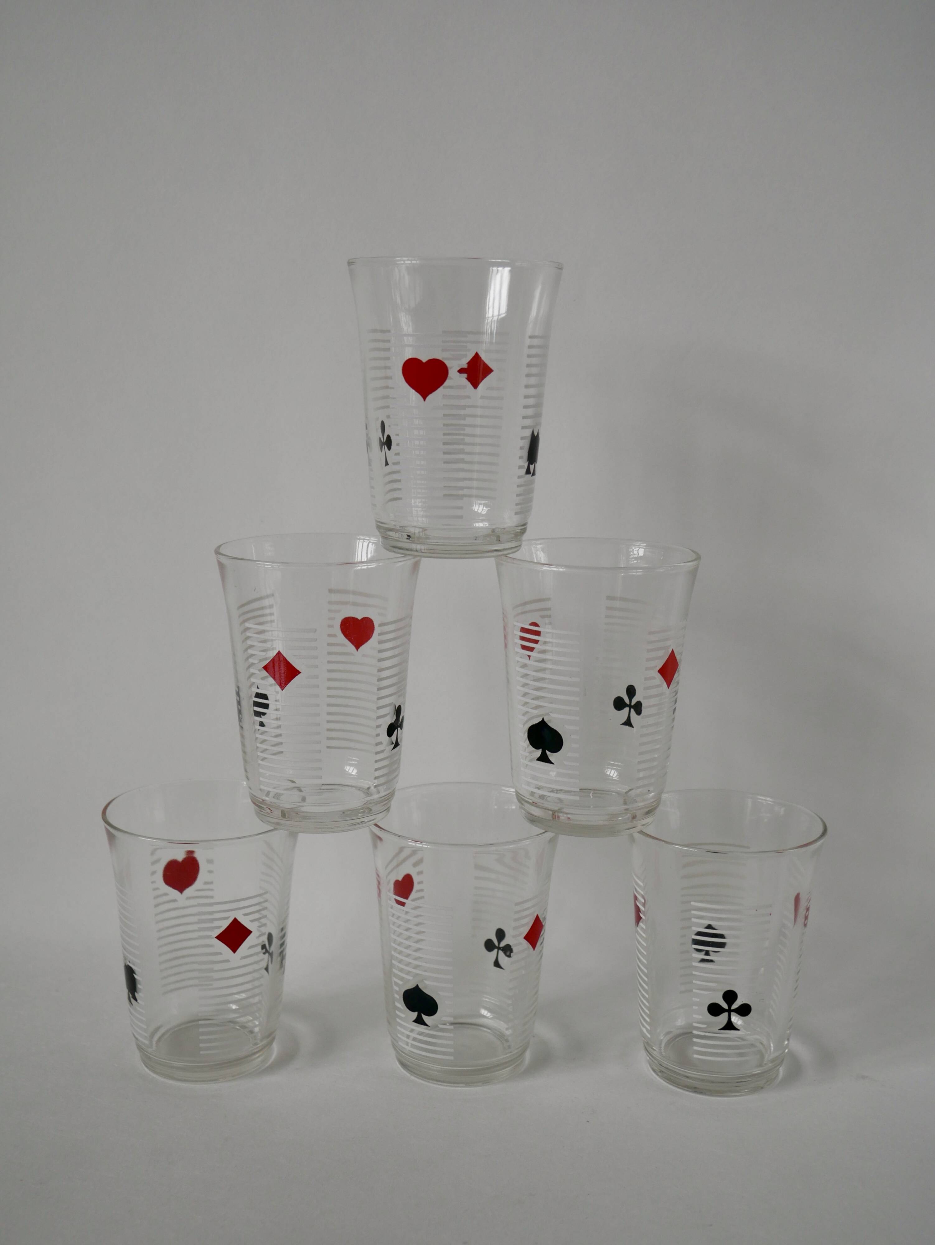 Set of 6 70s card game water glasses