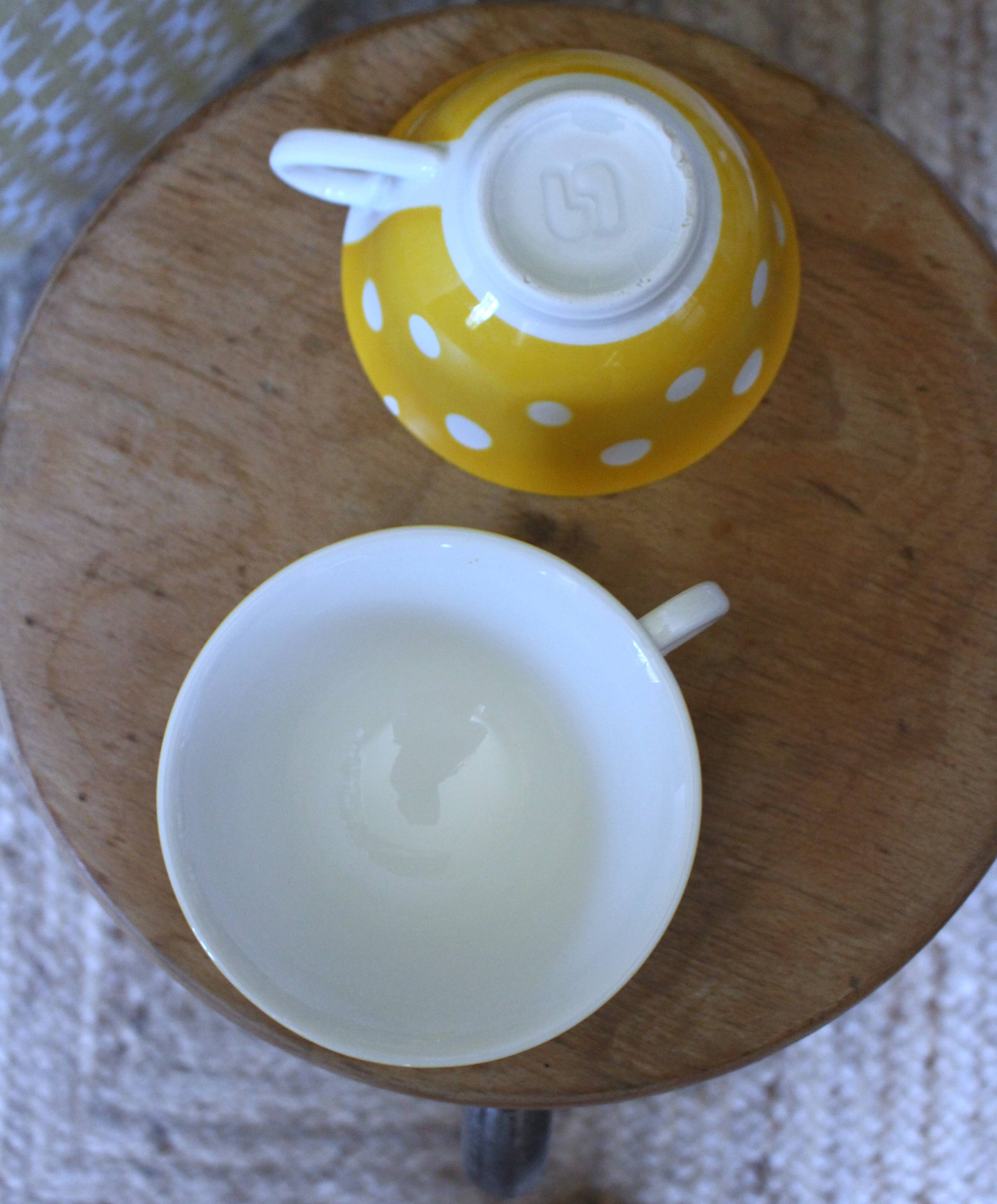 Two Large Yellow Polka Dot Cups Sarreguemines Vintage