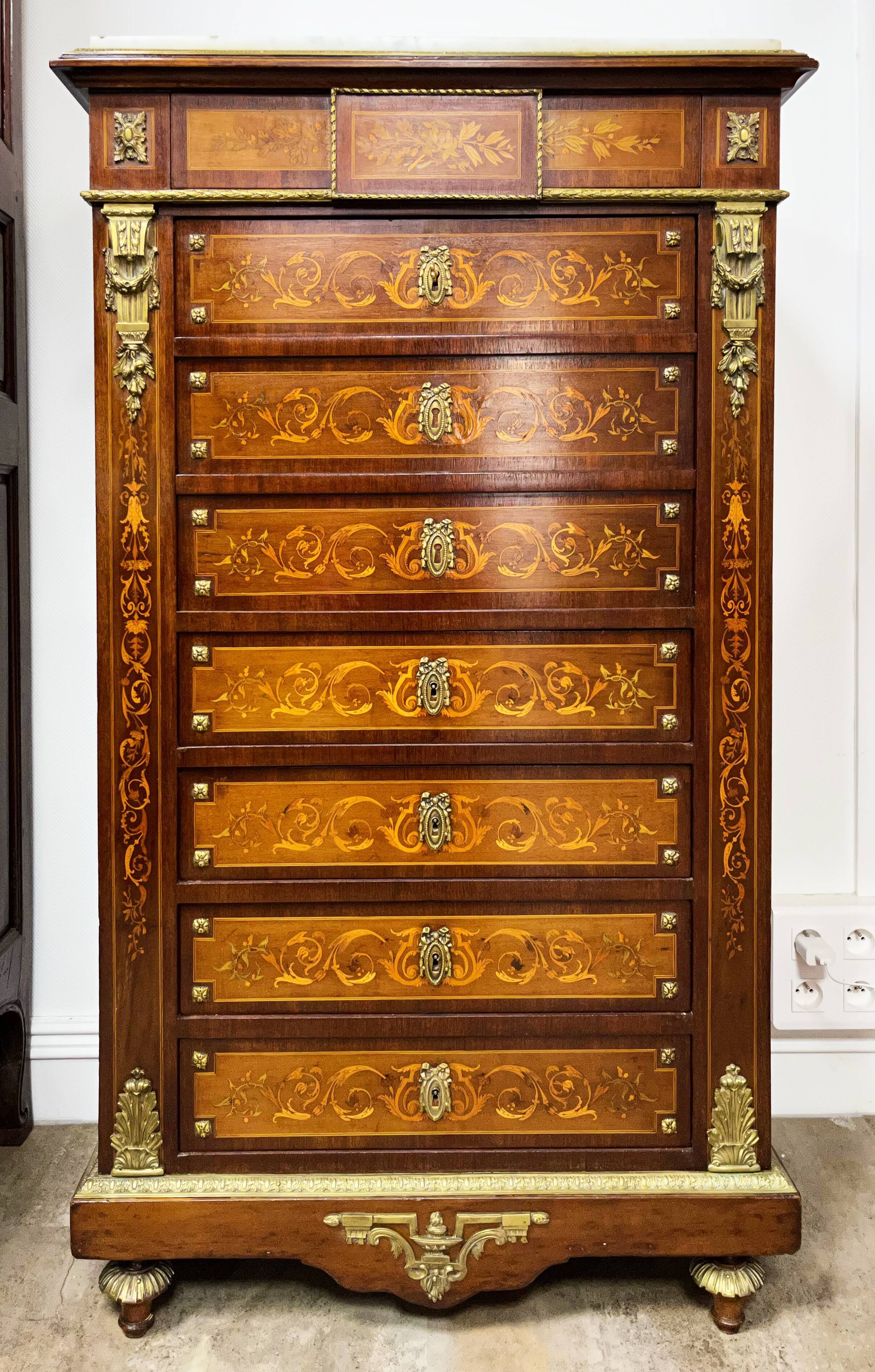 Writing desk in Napoleon III Marquetry white marble top