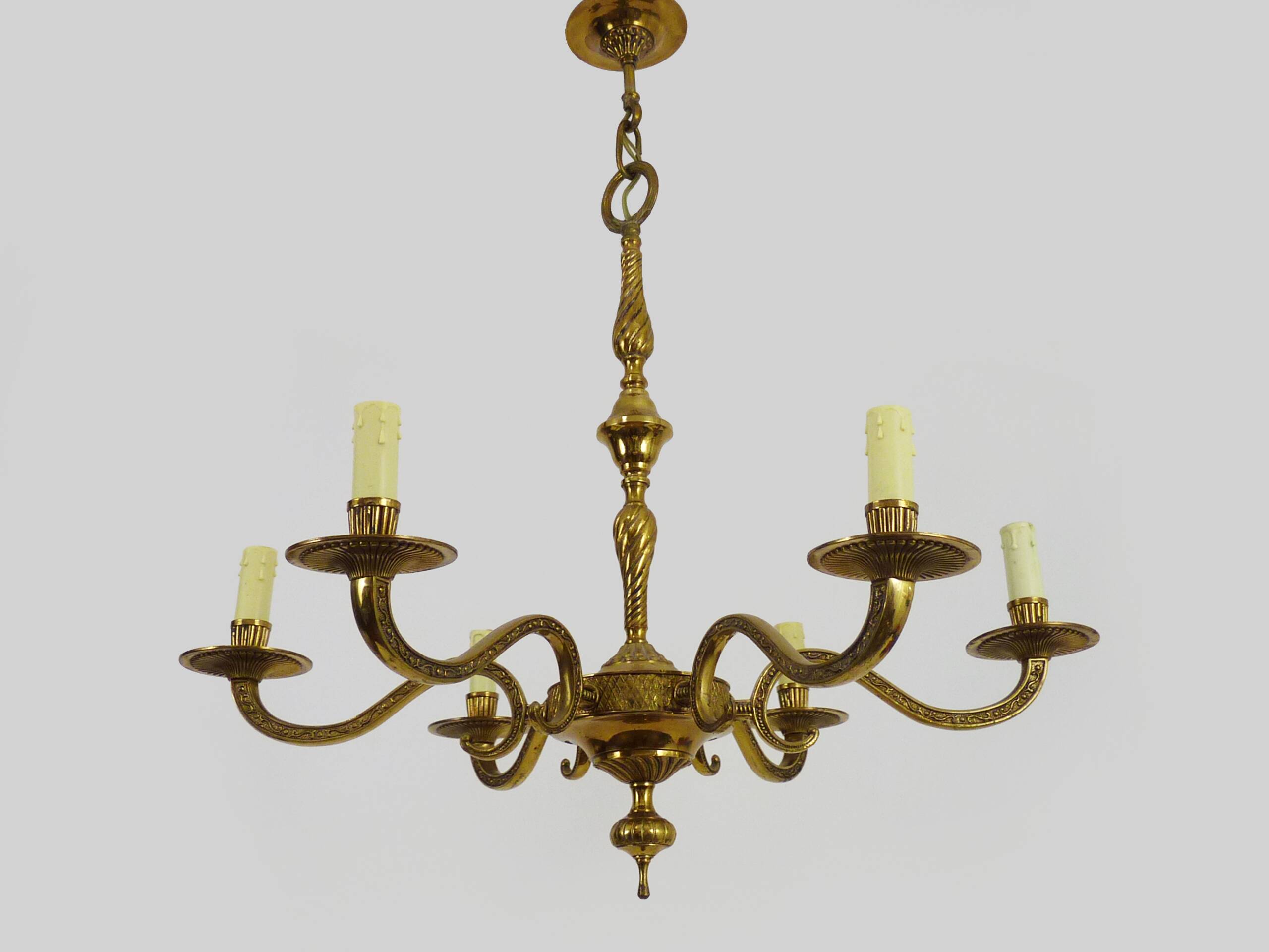 Old chandelier, suspension, light fixture with 6 bronze lights. 70s