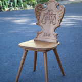 Set of 4 carved wooden stepladder chairs, pharmacy, brutalist, mountain style