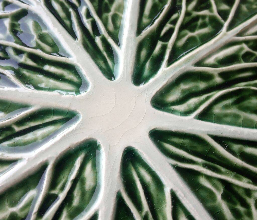 Majolica Cabbage Dish Leaf Green Ceramic Plate Portugal Vintage
