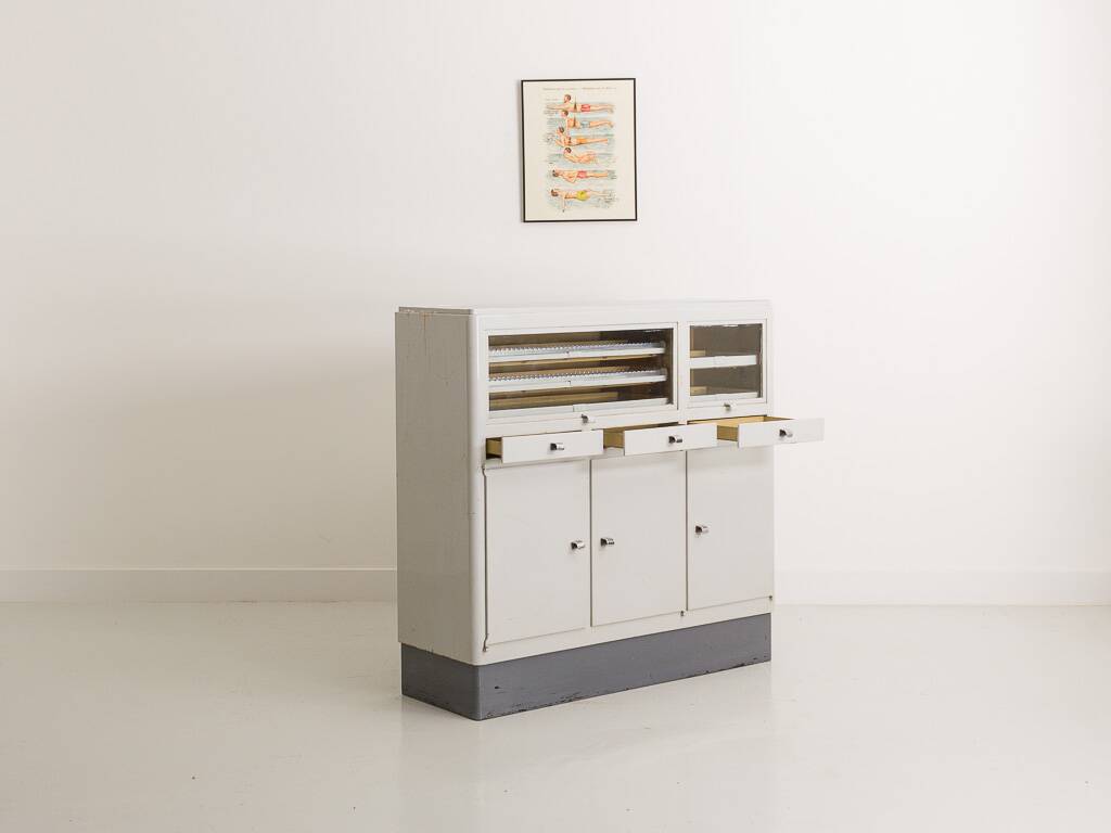 Industrial metal trade furniture equipped with display cases