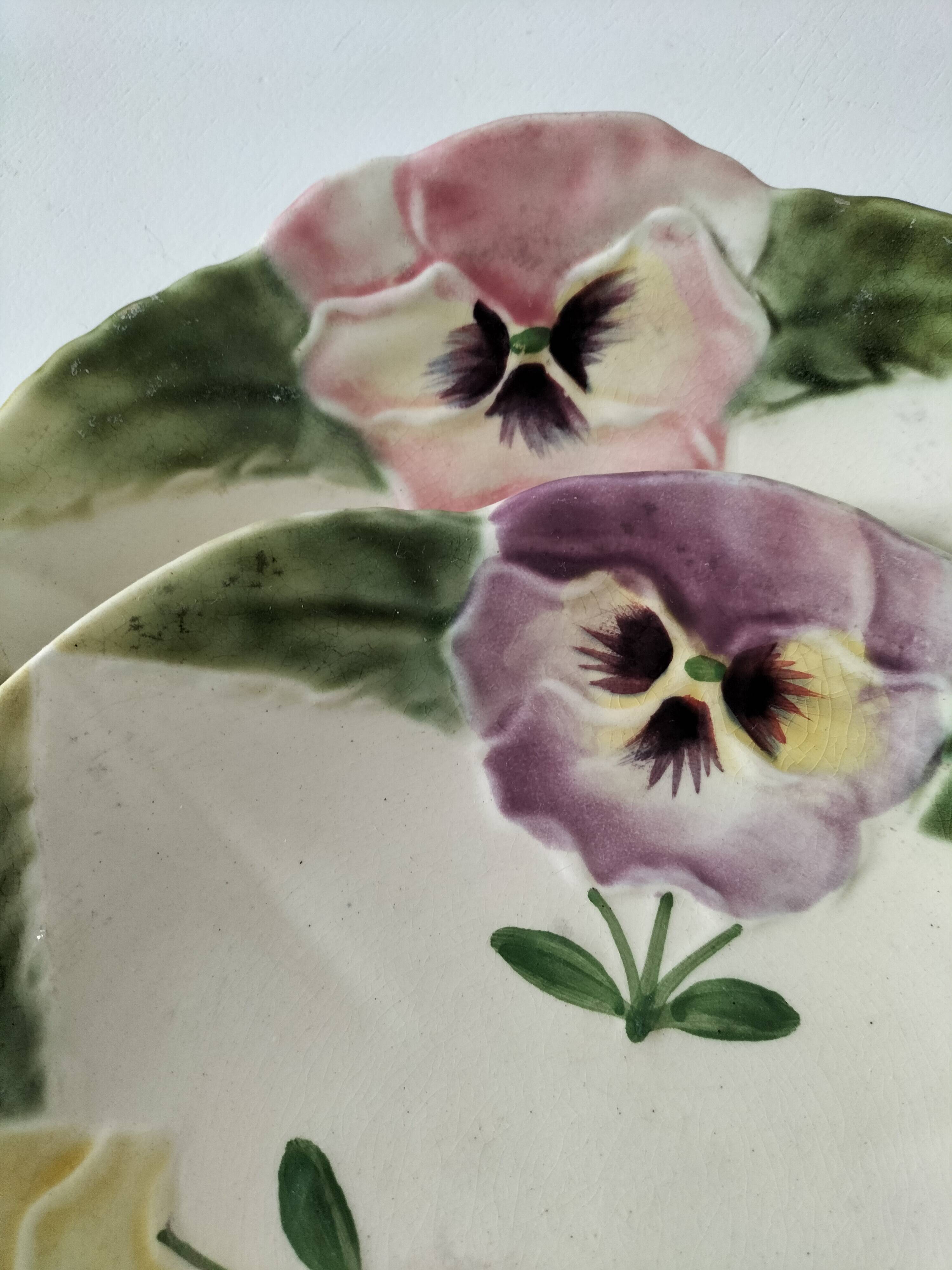 4 barbotine plates with pansies H. Boulenger Choisy-le-Roi