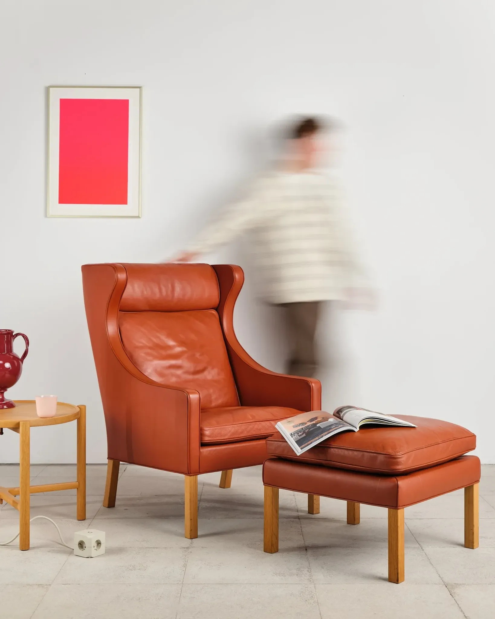 Armchair 2204 and leather pouf by Børge Mogensen, Denmark, 1960s.