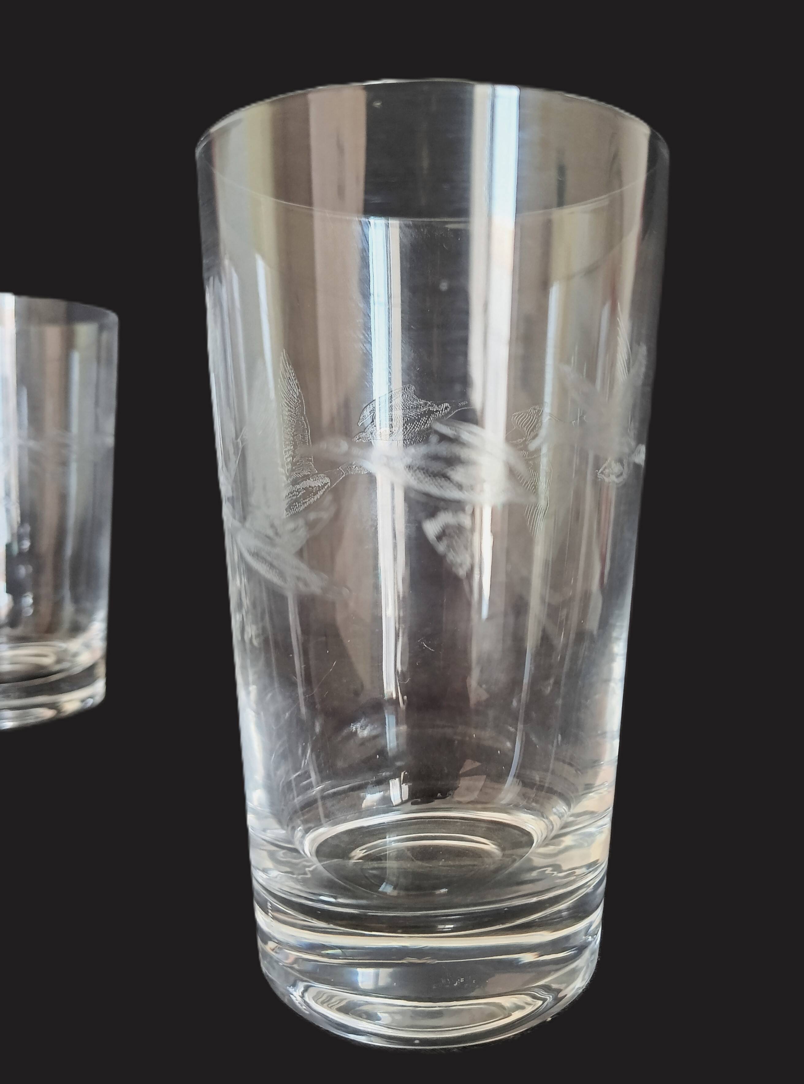 Set of 9 glasses (for whisky or other) in engraved crystal featuring a "Flight of Ducks".