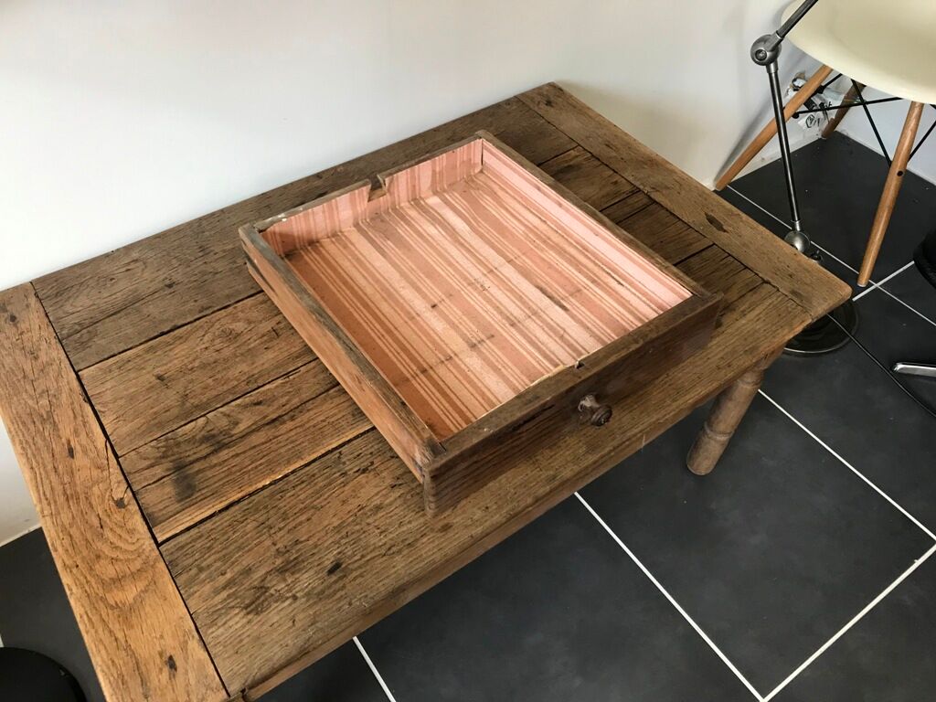 Rustic farm coffee table turned feet with 1 1930 drawer