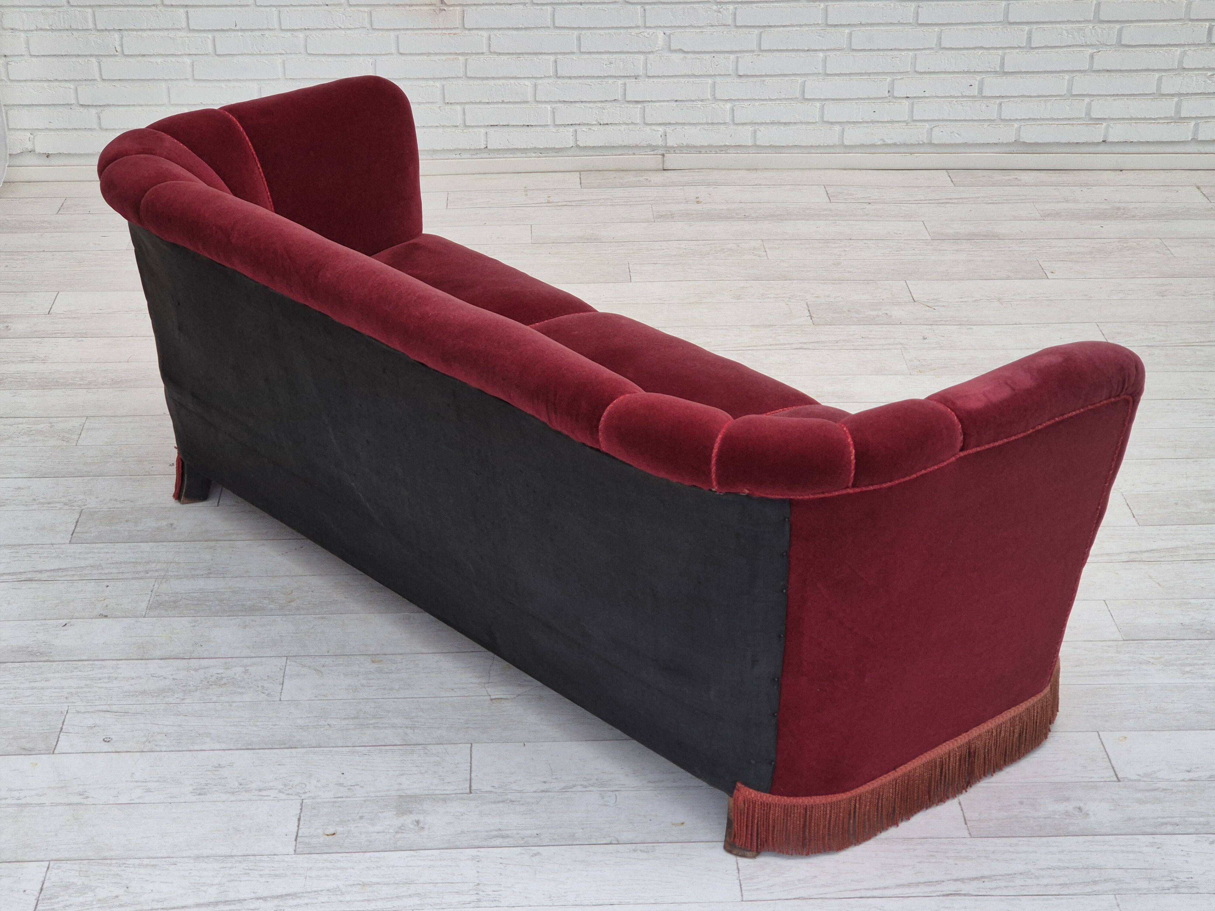 1960s, Danish 3 seater sofa, original condition, cherry-red furniture velour.