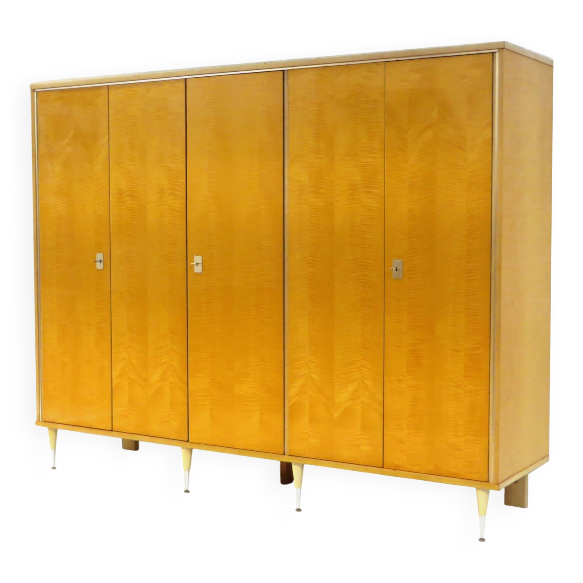 Large vintage mid century modern 5-door wardrobe in flamed maple, 1960s
