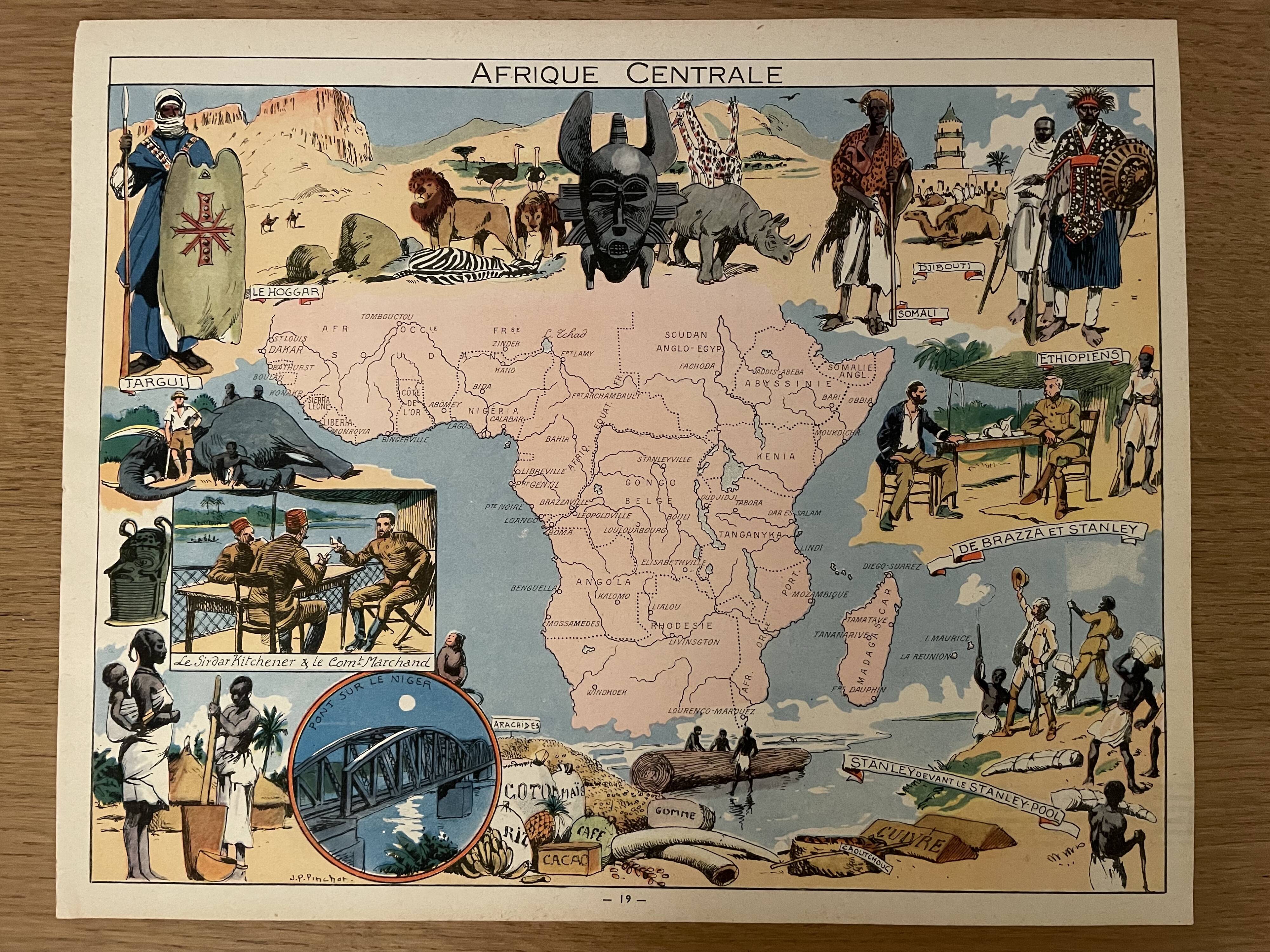 Old illustrated map of Central Africa from 1948 - JP Pinchon