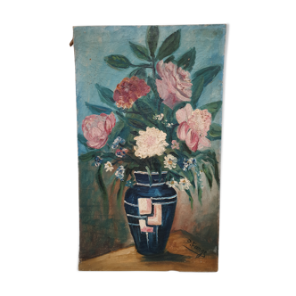 Huile sur toile vase art déco et fleurs Pierre Farge
