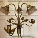 Set of chandelier and 2 wall lights in gold metal and glass roses