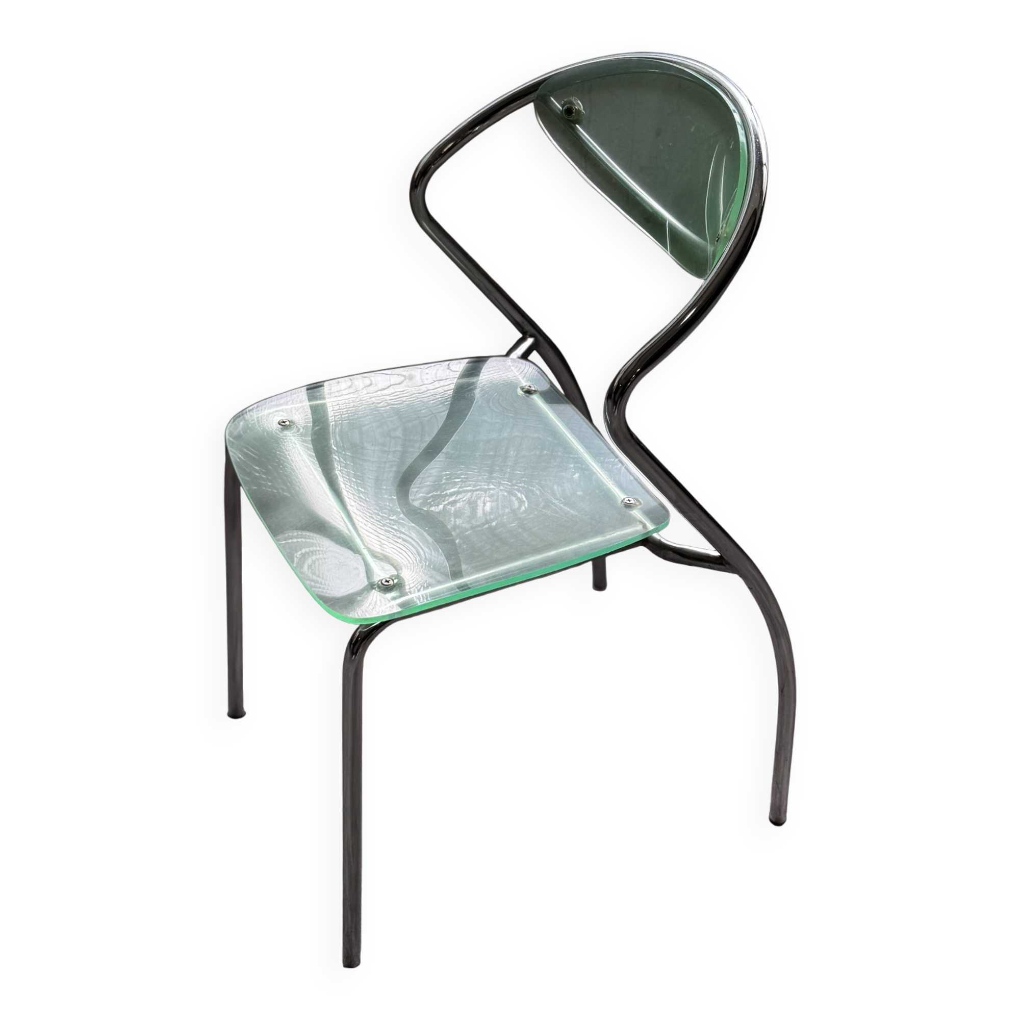 set of 4 designer chrome and plexiglass chairs, 80s
