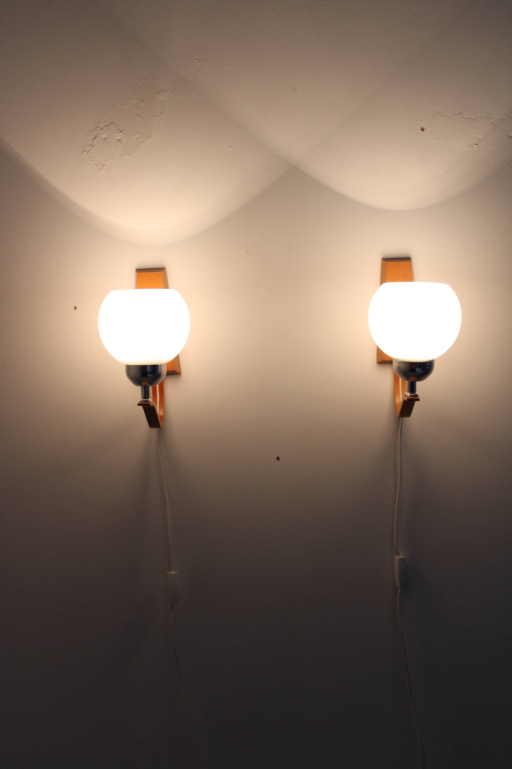 1960s Pair of Wooden Wall Lamps with Glass Shades by Drevo Humpolec, Czechoslovakia
