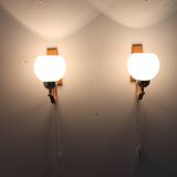 1960s Pair of Wooden Wall Lamps with Glass Shades by Drevo Humpolec, Czechoslovakia