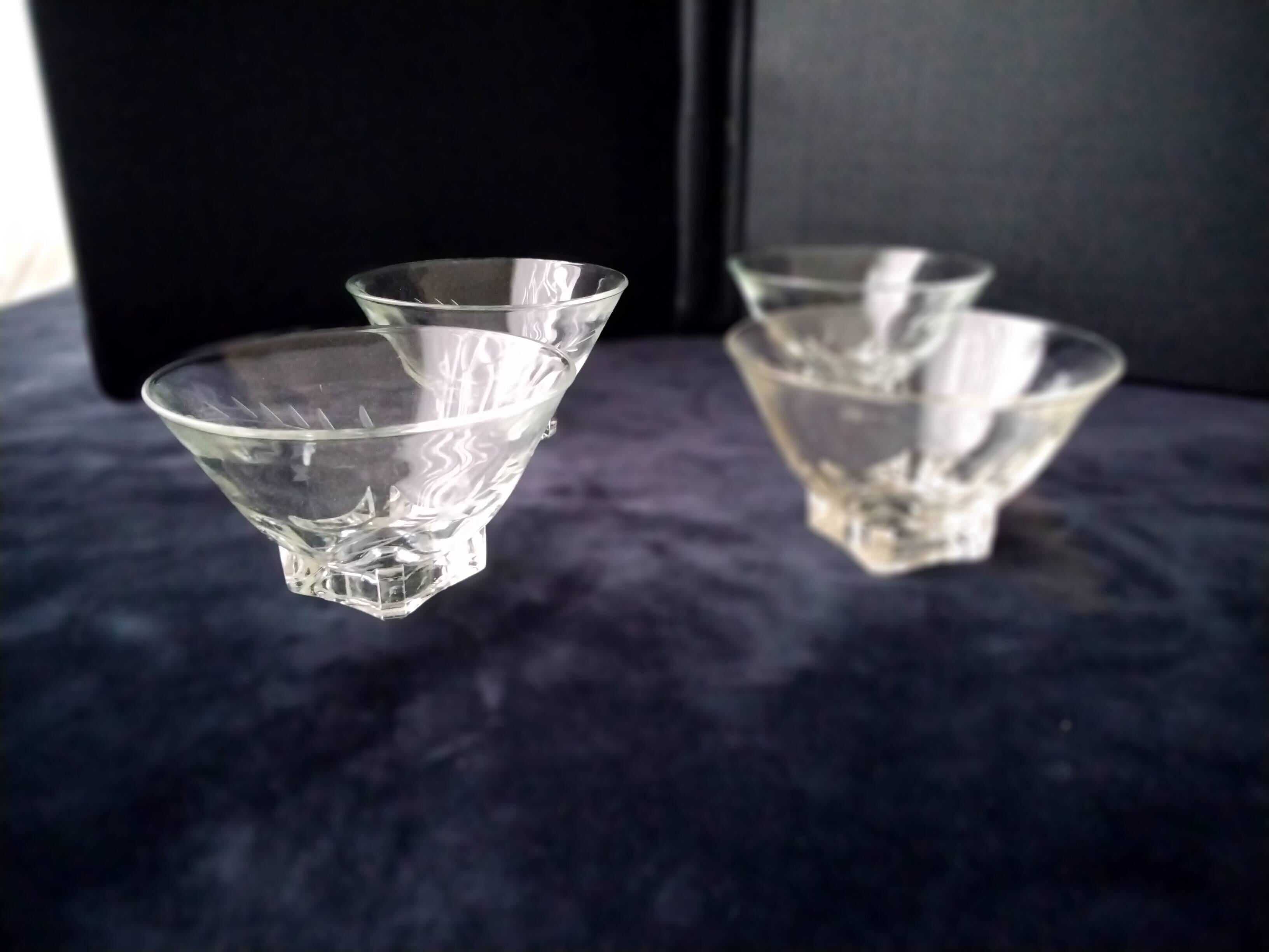 4 Vintage Glass Cups Grinded Decor