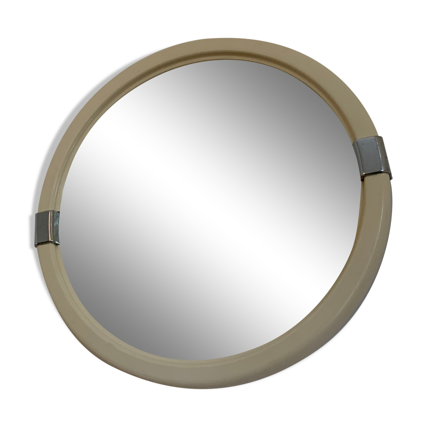 Vintage mirror round edge in white plastic and chrome diameter 46 cm
