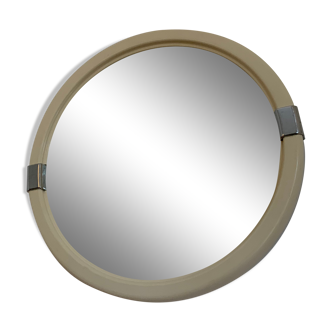 Miroir vintage rond bord en plastique blanc et chromé diamètre 46 cm