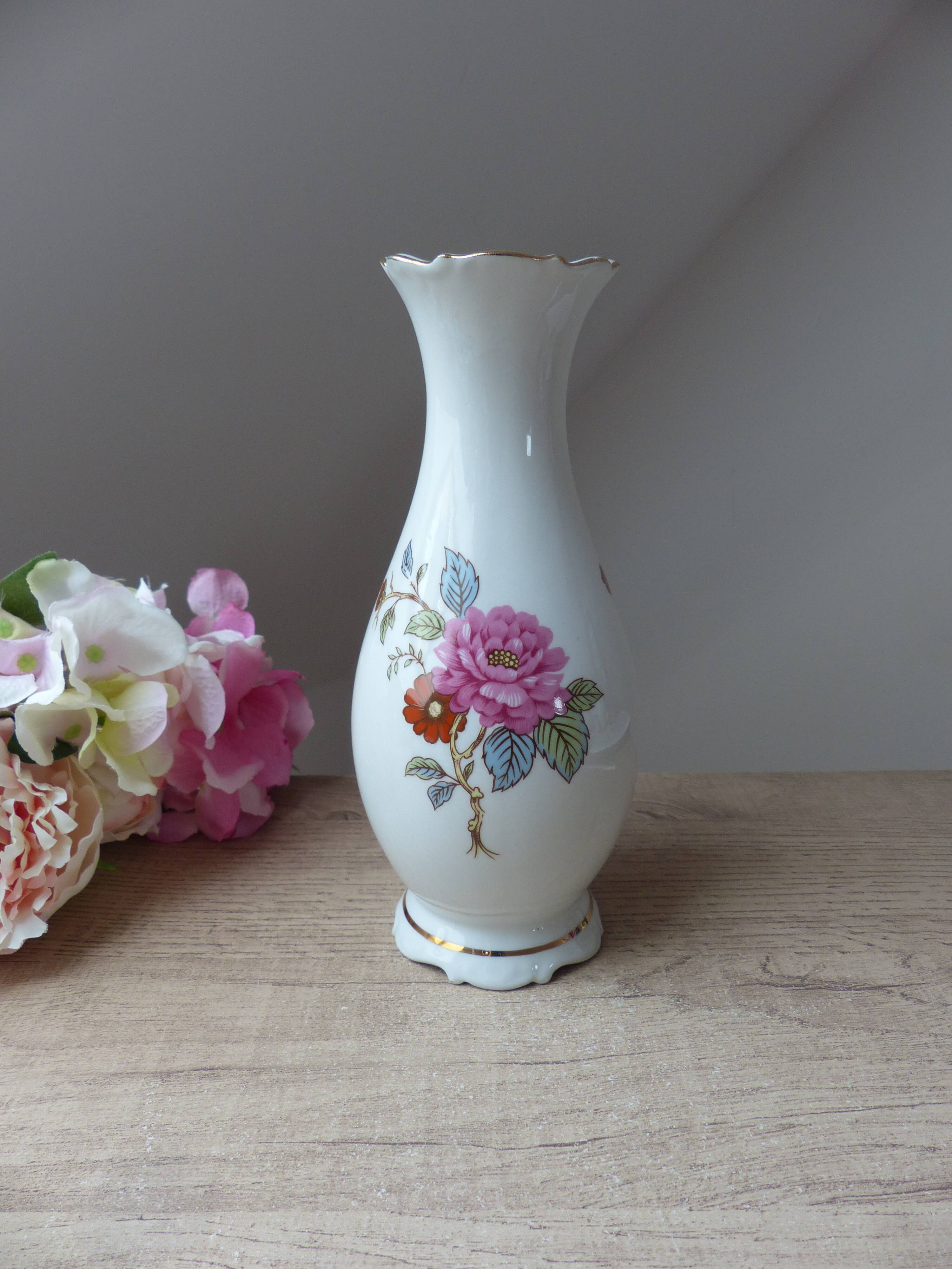 Porcelain vase pink flowers motif made in portugal
