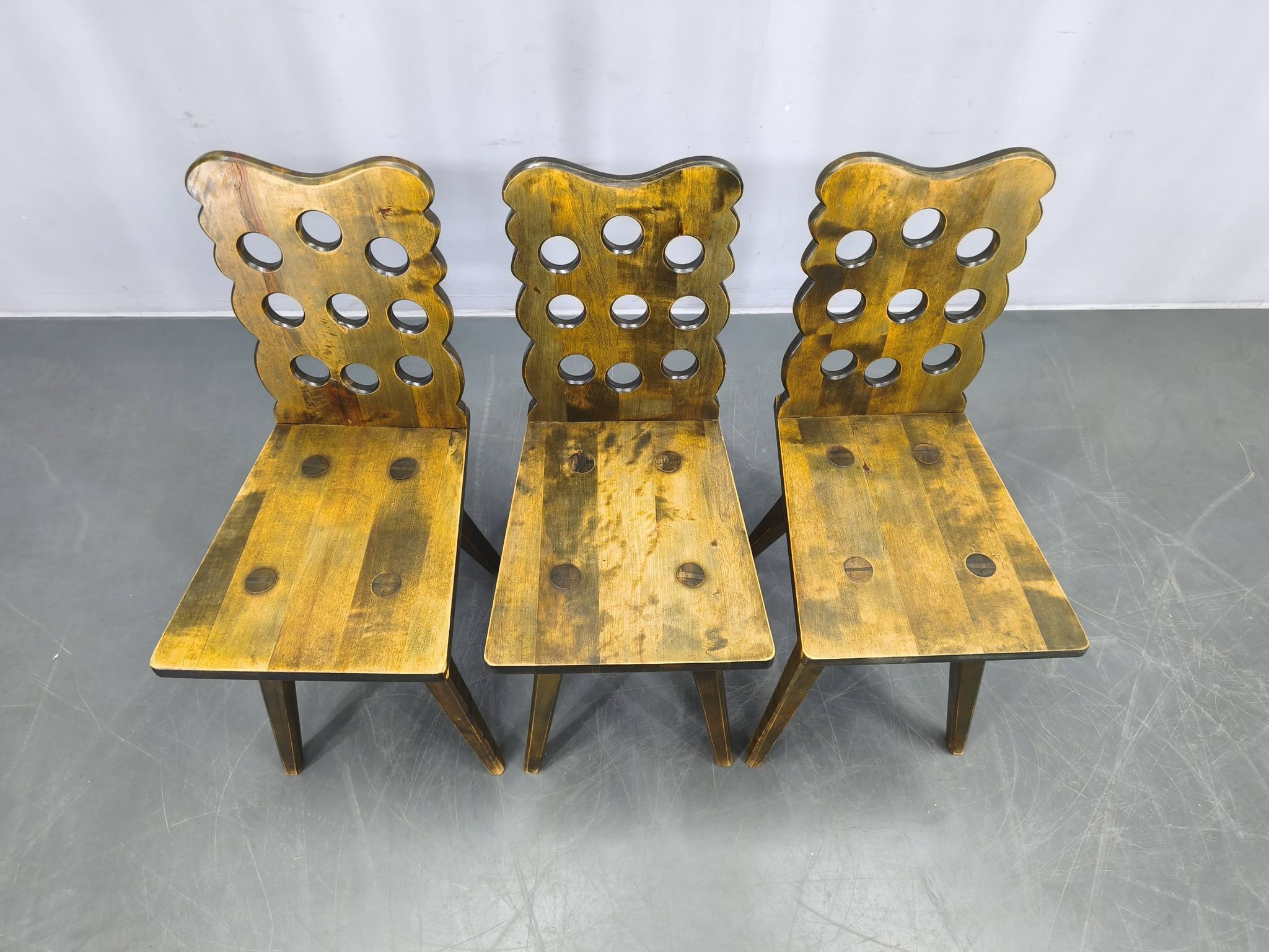 Set of 3 Brutalist Wooden Chairs, Czechoslovakia, 1950s